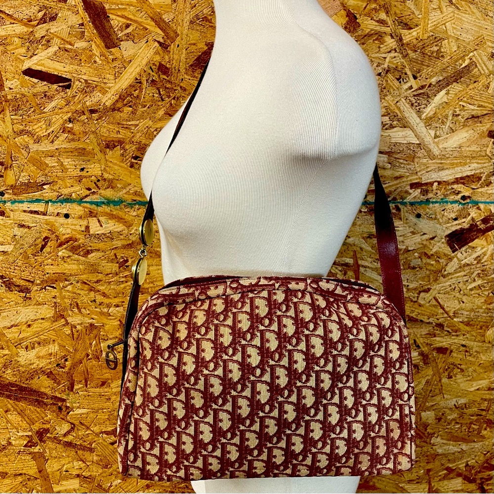 1970's Vintage Christian Dior Bordeaux Red Canvas Leather LOGO Shoulder Bag